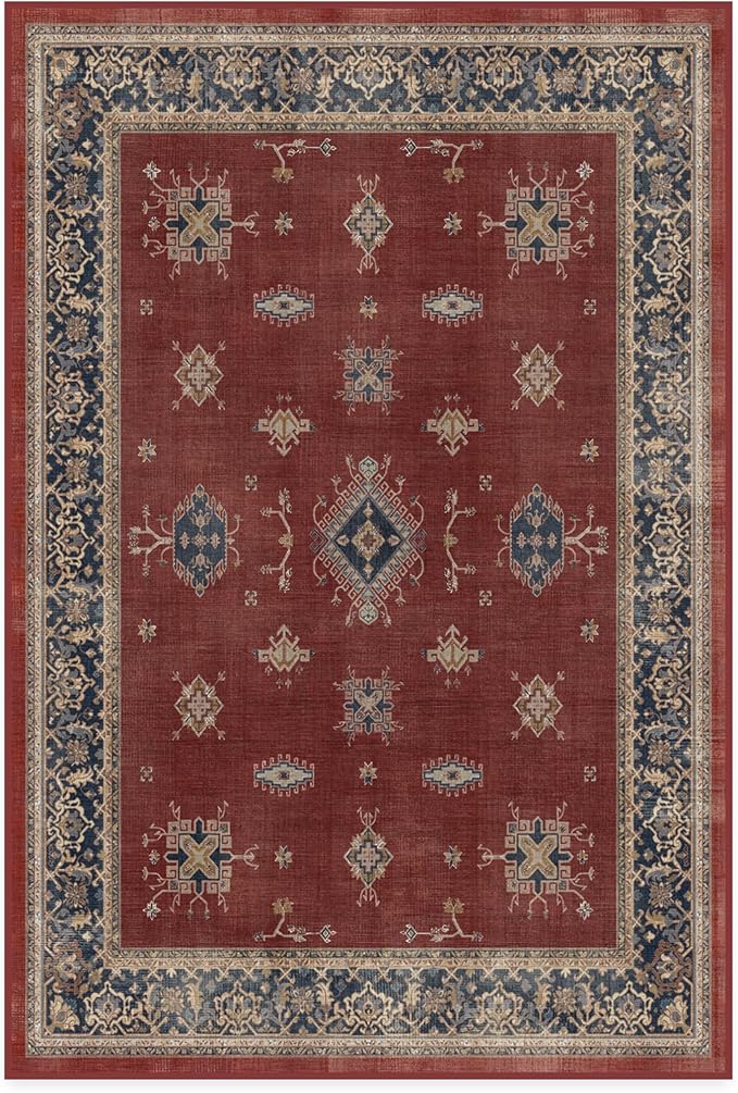 RUGGABLE Washable Vintage Area Rug – Verena Amber Red 4x6, Stain-Resistant, Non-Slip – Medium Machine Washable Rugs for Living Room, Bedroom, Hallway, Entryway & Office–with Cushioned Pad