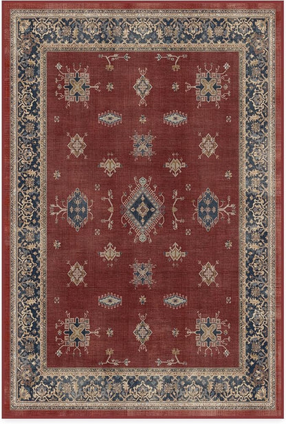 RUGGABLE Washable Vintage Area Rug – Verena Amber Red 4x6, Stain-Resistant, Non-Slip – Medium Machine Washable Rugs for Living Room, Bedroom, Hallway, Entryway & Office–with Cushioned Pad
