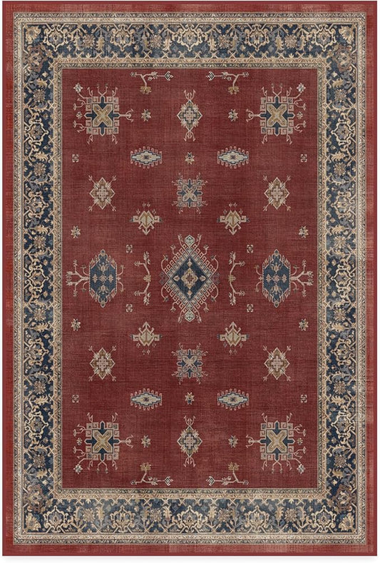RUGGABLE Washable Vintage Area Rug – Verena Amber Red 4x6, Stain-Resistant, Non-Slip – Medium Machine Washable Rugs for Living Room, Bedroom, Hallway, Entryway & Office–with Cushioned Pad