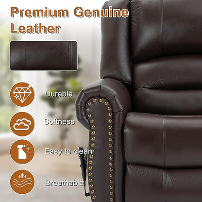 Luxlen Power Lift Recliner Chair for Elderly, Dual Motor Massage Recliner with Lumbar Heat, Heavy Duty Motion Mechanism Lift Chair with Charge Ports, Genuine Leather - Antique Brown
