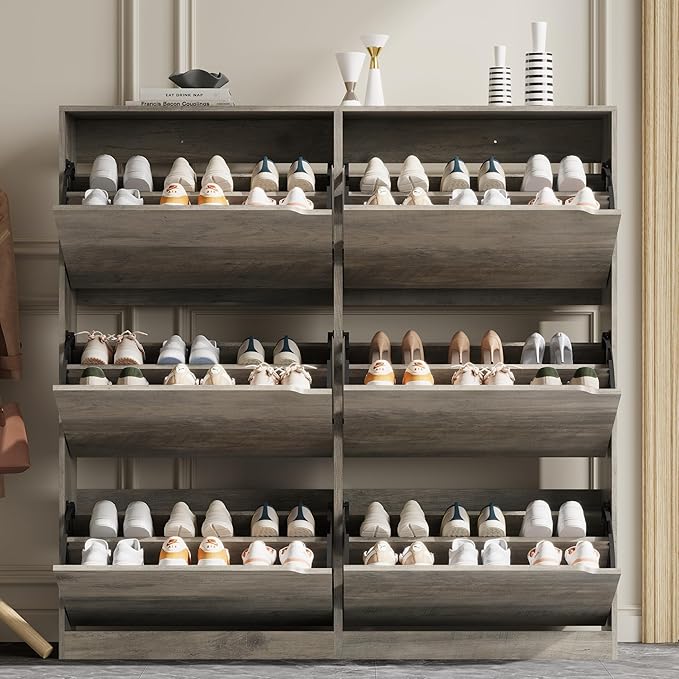 Shoe Storage Cabinet for Entryway with 6 Flip Drawers, Sturdy Wood Hidden Shoe Storage, Freestanding Narrow Slim Shoe Organizer for Front Door Entrance, Living Room, Hallway, Bedroom, Grey