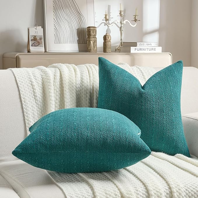 FUTEI Teal Chenille Throw Pillow Covers 16x16 Inch Set of 2,Soft Striped & Diamond Textured Cushion Cases,Modern Home Decor for Couch Living Room