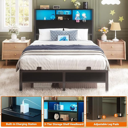Aheaplus Headboard for Twin Size Bed with Storage, Headboards with Outlets, USB Ports and LED Light, Twin Size Head Board Only, Height Adjustable, Reversible, Sturdy and Stable Headboard, Black