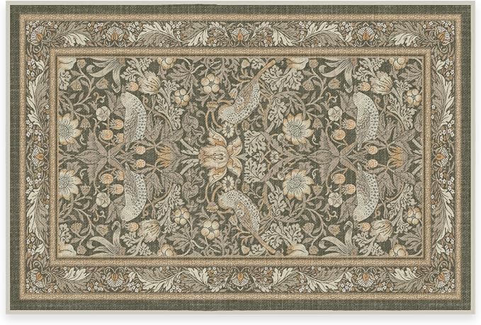 RUGGABLE x Morris & Co Machine Washable Area Rug – Strawberry Thief Stone Gold 2x3, Stain-Resistant, Non-Slip – Small Rugs for Living Room, Bedroom, Hallway, Entryway & Bathroom–with Standard Pad