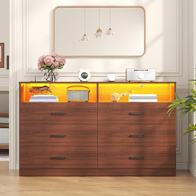 Bigbiglife Dresser for Bedroom, 6 Drawer Dresser with Charging Station and Led Light, Modern Chest of Drawers for Bedroom, Living Room (Walnut Brown)
