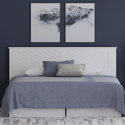 Serene Poplar Wood King Size Headboard in White, Modern Farmhouse Panel with Chevron Scoring, Casual Coastal Style, Easy Assembly, Quality Materials