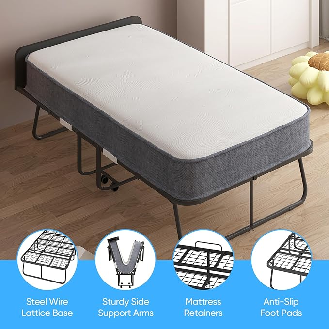 Mjkone Folding Bed with Mattress, Rollaway Bed for Adults with Headborad & Dustproof Bag, 5 Inch Portable Fold Up Bed for Guests with Casters, Foldable Frame, Space Saving for Bedroom（75" x 38"）