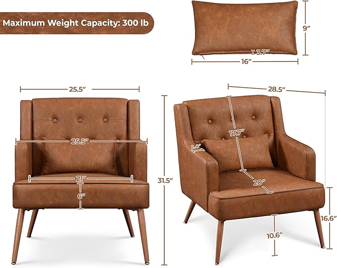 Yaheetech Accent Chair, Living Room Chair Mid Century PU Leather Armchair Lumbar Pillow, Comfy Upholstered Reading Chair Wood Leg Bedroom Lounge Brown