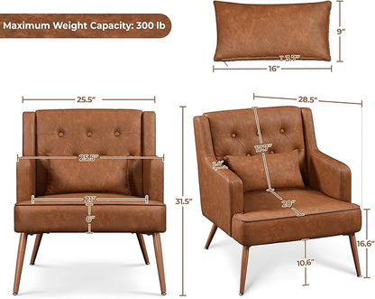 Yaheetech Accent Chair, Living Room Chair Mid Century PU Leather Armchair Lumbar Pillow, Comfy Upholstered Reading Chair Wood Leg Bedroom Lounge Brown