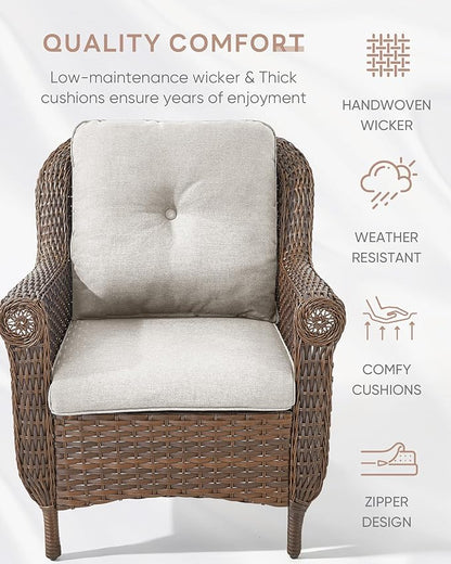 3 Piece Patio Brown Wicker Chairs with Side Table - Outdoor High Back Heavy Duty All-Weather Lawn Dining Rattan Chair Conversation Bistro Set for Deck Porch Balcony Backyard Garden - Beige