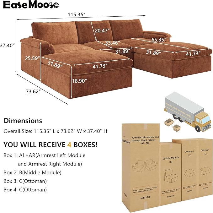 EASE MOOSE Oversized Cloud Couch Sectional Sofa, U-Shaped Modular Couch for Living Room, Minimalist Boneless Convertible Couches with Ottoman, 5-Seat Deep Sofas for Bedroom, Chenille (Brown)