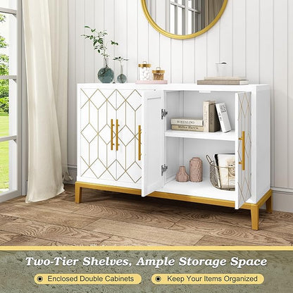 HLR Accent Cabinet with 4 Doors&Shelves, Sideboard Buffet Cabinet with Gold Trim, Modern White Storage for Living Room, Entryway, Kitchen, Dining Room, Hallway