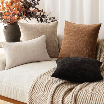 Foindtower Pack of 2 Textured Chenille Throw Decorative Pillow Covers Square Accent Solid Cushion Cover Neutral Farmhouse Pillow Case for Couch Sofa Bedroom Living Room 20x20 Inch,Taupe Khaki Camel