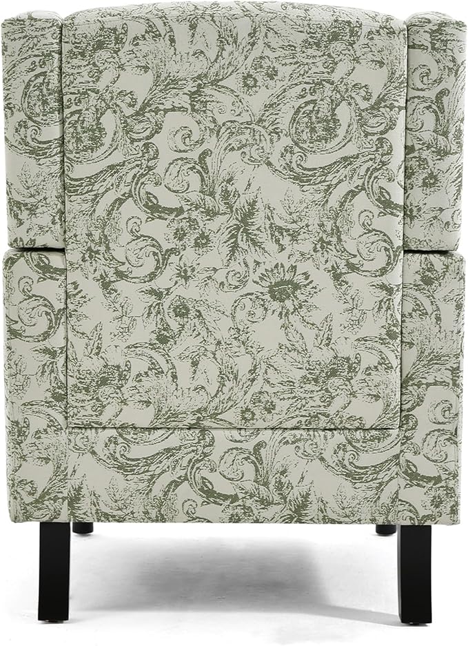 Wingback Accent Chair, High Back Upholstered Armchair, Printed Fabric Wingback Arms Chairs with Wood Legs, Single Sofa Reading Chair for Bedroom Living Room, Green Pattern
