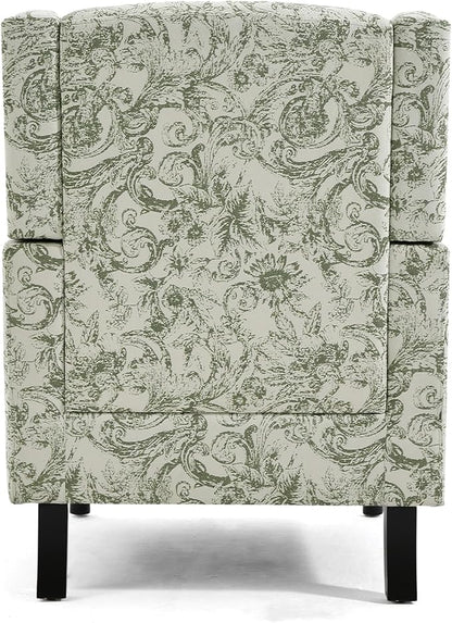 Wingback Accent Chair, High Back Upholstered Armchair, Printed Fabric Wingback Arms Chairs with Wood Legs, Single Sofa Reading Chair for Bedroom Living Room, Green Pattern