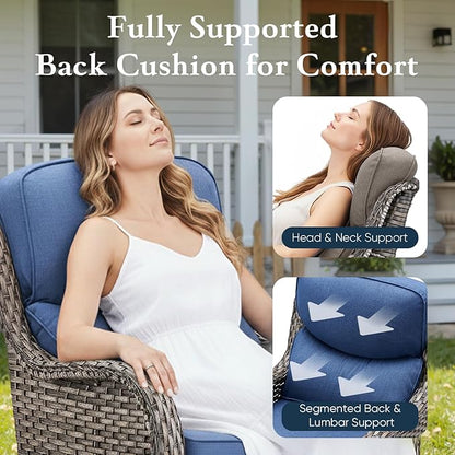 Belord Luxury 6" Thick Cushioned 7 Pieces Patio Furniture Set with Fire Pit Table, Wicker Outdoor Conversation Set with High Back Swivel Rocker Chairs for Deck Porch Yard and Poolside - Grey+Blue
