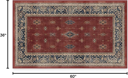 RUGGABLE Washable Vintage Area Rug – Verena Amber Red 3x5, Stain-Resistant, Non-Slip – Small Machine Washable Rugs for Living Room, Bedroom, Hallway, Entryway & Office–with Standard Pad