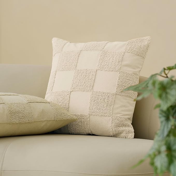Double Stitch Checkered Throw Pillow Covers - 100% Cotton Set of 2 Tufted Boho Decorative Pillow Covers 20x20, Made in India, Square Cushion Case, Modern Home Decor for Couch, Sofa, Living Room, Beige