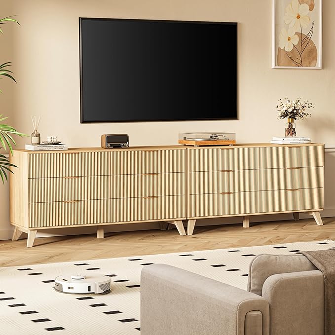 Fluted Dresser with 6 Drawers, 53.43 Inch Wood Double Dresser with Metal Handles Curved Design Wide Storage Organizer Cabinet Modern Chest Dressers for Bedroom Living Room Entryway(Oak)