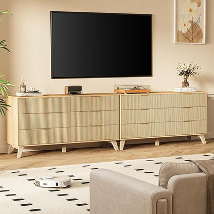 Fluted Dresser with 6 Drawers, 53.43 Inch Wood Double Dresser with Metal Handles Curved Design Wide Storage Organizer Cabinet Modern Chest Dressers for Bedroom Living Room Entryway(Oak)