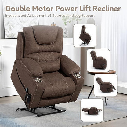 Power Lift Lazy Boy Recliner Chair, 2 Motor Flat Recliner, Nursing Lift Chair with Massage and Lumbar Heating, Adult Power Recliner with Side Pockets, Folding Table, Remote Control