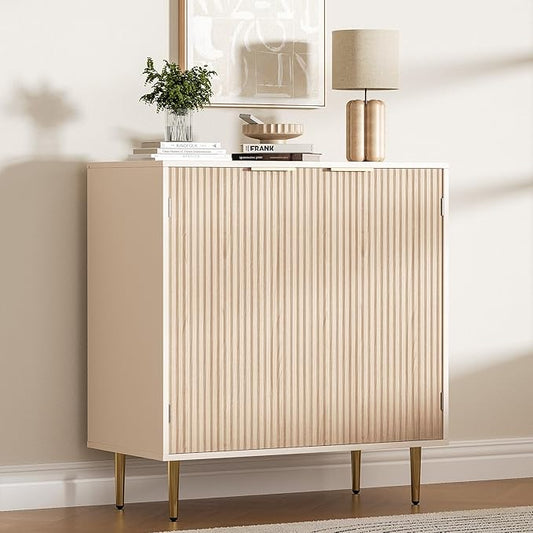 Buffet Sideboard Cabinet with 2 Doors, Kitchen Cabinet with Golden Handles & Legs, Modern Accent Storage Cabinet with Adjustable Shelf, Coffee Bar for Kitchen, Living Room, Oak