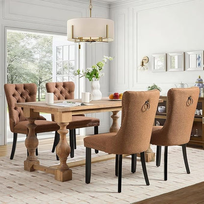 Linen Upholstered Dining Chairs Set of 2, Modern Style Kitchen Side Chairs with Nailhead Trim and Wood Leg, Metal Pulling Ring for Dining Room Living Room(Coffee,Set of 2)
