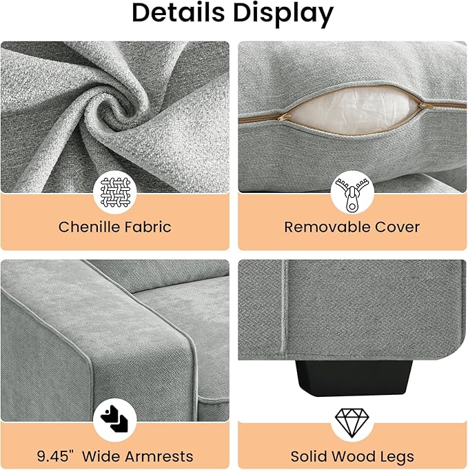 RISAR 71.25" Modern Loveseat Sofa for Living Room, Chenille Couch with Removable Cover & Spring Cushions, Solid Wood Frame, Easy Assembly for Small Spaces (Light Gray)
