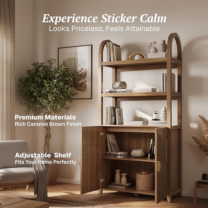 BELLEZE Book Shelf 72" Tall Arched Bookcase with Storage, 5 Tier Mid Century Modern Fluted Bookshelf with Doors, Modular Bookshelves for Living Room Office Library (Caramel Brown)
