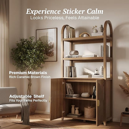 BELLEZE Book Shelf 72" Tall Arched Bookcase with Storage, 5 Tier Mid Century Modern Fluted Bookshelf with Doors, Modular Bookshelves for Living Room Office Library (Caramel Brown)
