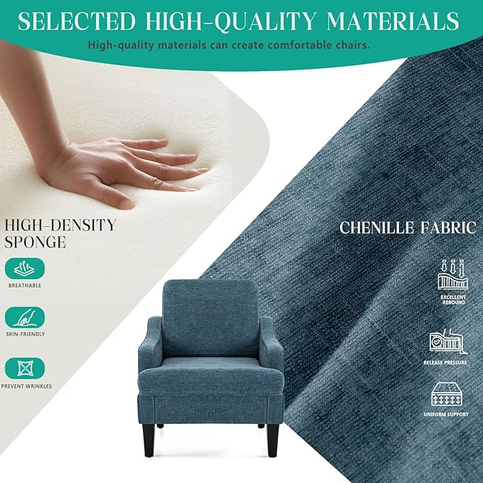 Modern Accent Chair for Bedroom Upholstered Reading Chair with Side Pockets Comfy Living Room Chairs Living Room Armchair for Office, Apartment (Blue Chenille)