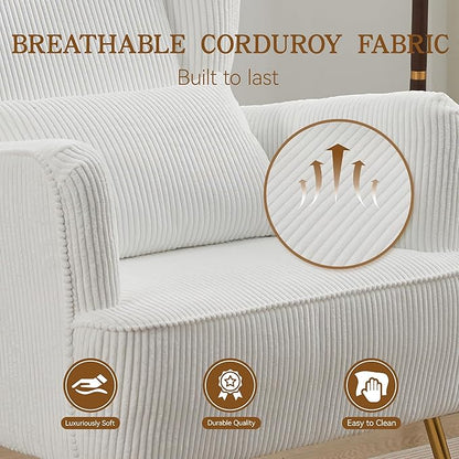 Living Room Chairs Corduroy Accent Armchair with Lumbar Pillow & Gold Leg, 8.5" Thick Cushion, Mid Century Modern High Wingback Bedroom Chairs Upholstered Comfy Sofa Arm Chair, White