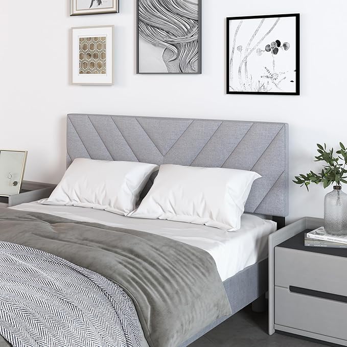 KOMFOTT Linen Fabric Upholstered Headboard for Full/Queen Size Bed, Rectangular Headboard with Solid Wood Legs & Adjustable Width, Padded Full/Queen Bed Headboard, Easy Assembly, Gray