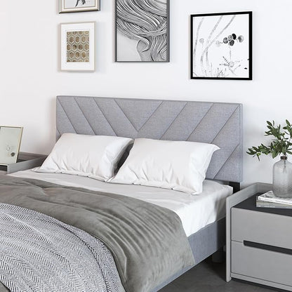 KOMFOTT Linen Fabric Upholstered Headboard for Full/Queen Size Bed, Rectangular Headboard with Solid Wood Legs & Adjustable Width, Padded Full/Queen Bed Headboard, Easy Assembly, Gray