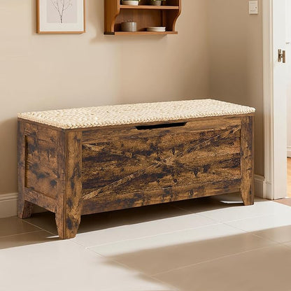 VECELO 43.3" Storage Bench, Entryway Shoe Ottoman, Farmhouse Style Bench with Handwoven Cushion and Metal Safety Hinges, for Bedroom, Living Room, Entryway, Brown