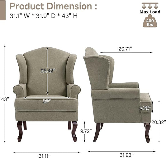 Pia Ricco High Back Floral Accent Chair, Upholstered Fabric Armchair with Solid Wood Legs - Retro Living Room Reading Chair, Comfortable Single Sofa Seat-Moss Grey