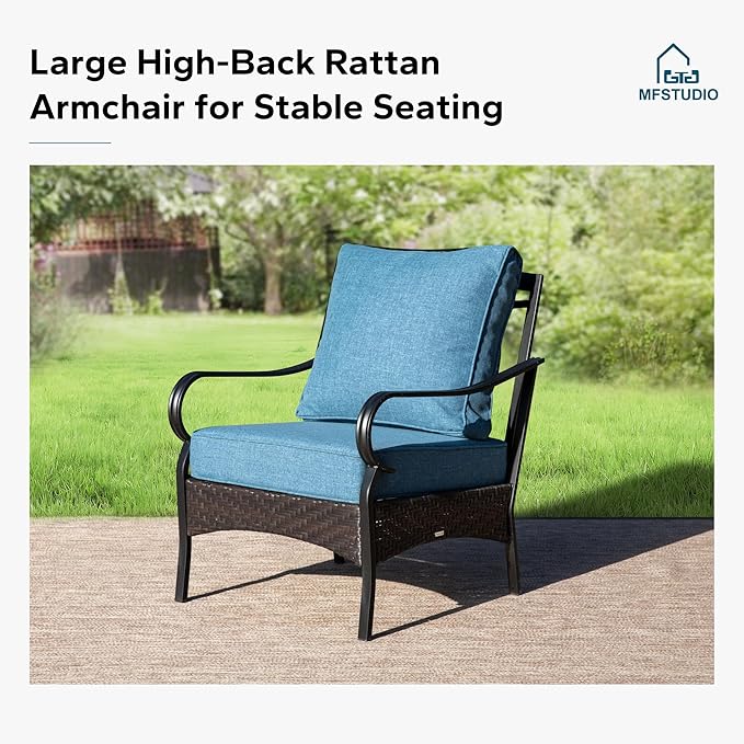 MFSTUDIO 5 PCS Outdoor Patio Furniture Set, Metal Outdoor Conversation Set, Rattan Wicker Patio Sectional Sofa Set with 2 x Fixed Single Sofa, 2-Seat and 3-Seat Sofa, 1 x Coffee Table, Navy Blue