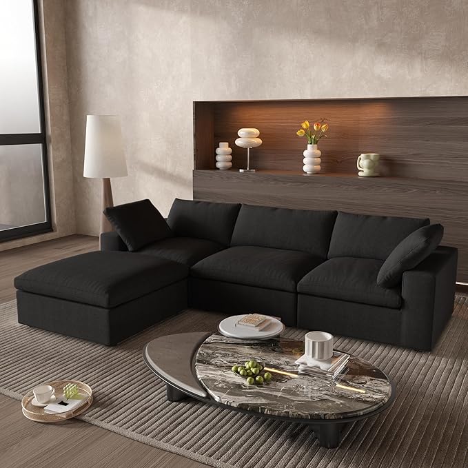 Cloud Couch Modular Sectional Sofa with Storage Ottoman,L Shaped Couch for Living Room,120.45inch Down Filled 4 Seater Black Convertible Sectional Sofas,Covers Washable&Replaceable