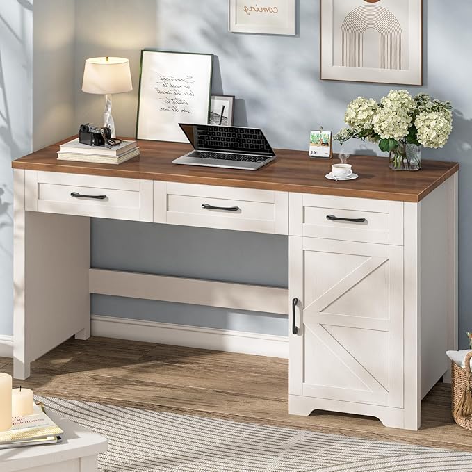 Vabches Farmhouse 59" Executive Desk,Computer Desk with 3 Drawers and Storage Cabinet,Home Office Desk for Work and Study