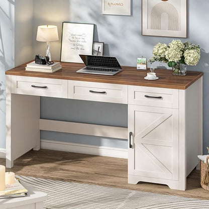 Vabches Farmhouse 59" Executive Desk,Computer Desk with 3 Drawers and Storage Cabinet,Home Office Desk for Work and Study