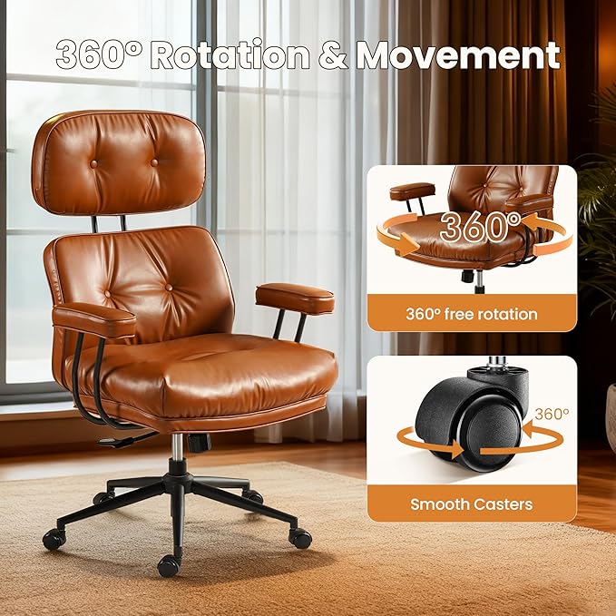 Home Office Desk Chair, Mid-Century Modern Office Chair with Adjustable Lumbar Support, Thickened Cushion Executive Desk Chair with 360 Rolling Swivel for Meeting Game Study Room(Brown)