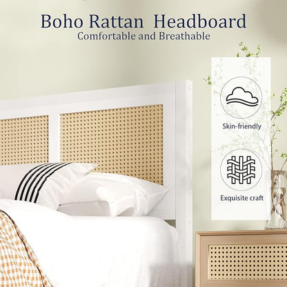 Rattan Bed Frame, Boho King Bed Frame and Headboard, Metal Platform King Size Bed Frames with Strong Slat Support, No Box Spring Needed, Noise Free, Easy Assembly, White