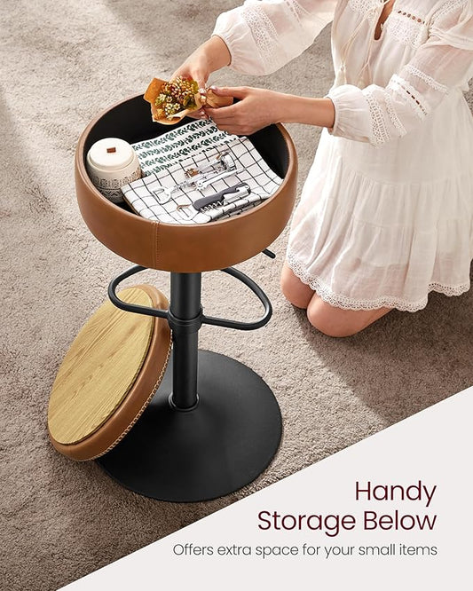 VASAGLE EKHO Collection - 360° Swivel Bar Stools Set of 4, Height Adjustable Barstools with Storage, Synthetic Leather with Stitching, Mid-Century Modern, Kitchen Bar, Easy Assembly, Caramel Brown