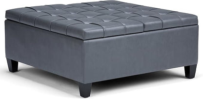SIMPLIHOME Harrison 36 inch Wide Transitional Square Coffee Table Storage Ottoman in Stone Grey Vegan Faux Leather, Assembled, for the Living Room and Bedroom