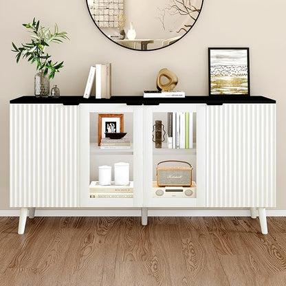 JASIWAY Buffet Cabinet with Storage 55" Fluted Sideboard with Glass Door Modern Coffee Bar Table Accent Credenza Cabinet for Dining Room, Kitchen, Living Room, Hallway, White and Black