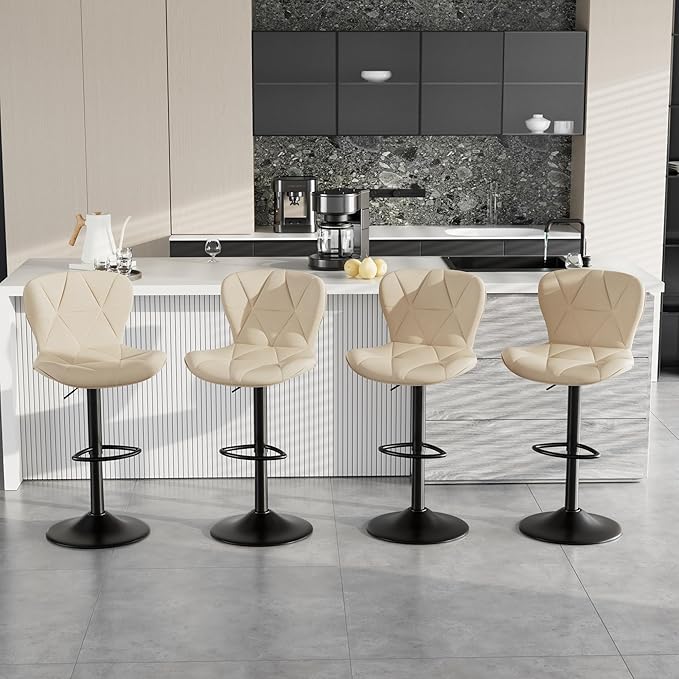 Bar Stools Set of 4,Adjustable Swivel Barstools, Faux Leather Bar Chairs,Upholstered Counter Height with High Backrest for Kitchen Island, Khaki