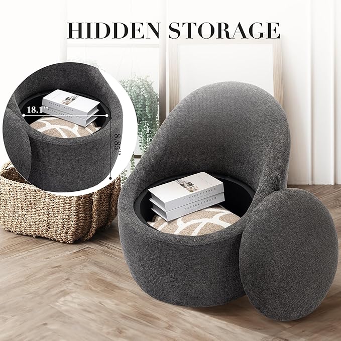 360° Swivel Accent Chair, Mid-Century Modern Chair with Hidden Storge, Small Swivel Chair with Arms for Living Room/Office-Dark Grey