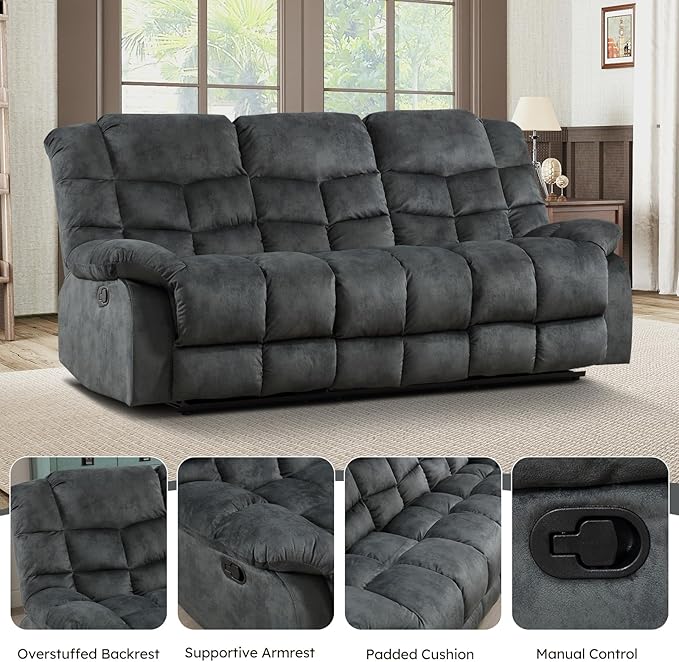 EBELLO Manual Recliner Couch Set, Soft Fabric Reclining Living Room Sofa Set, Included Single Recliner Chair and 3PC Bonded Sofa Couch, Grey Green