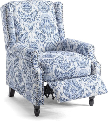 UIXE Pushback Floral Recliner Chair, Fabric Upholstered Armchair Push Back Accent Chair for Living Room, Rivet Trim Club Chair Home Theater Single Sofa Bedroom Reading Seat - Navy
