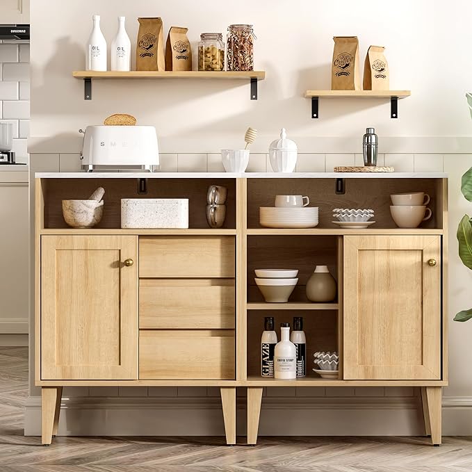 Small Bathroom Floor Cabinet with 3 Drawers Toilet Cabinet with Sliding Door Farmhouse Side Storage Organizer Cabinets with Faux Marble Top for Kitchen, Living Room， Natural Oak